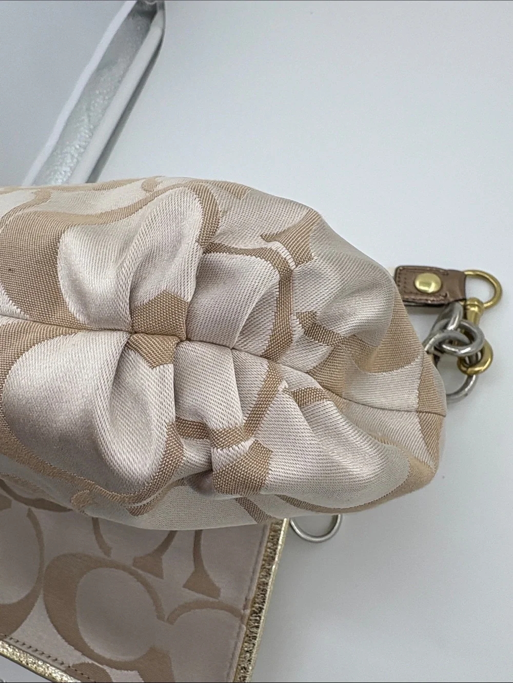 Coach Poppy Beige Signature Canvas Shoulder Bag with Gold Accents